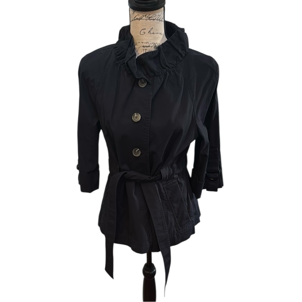 LOFT Navy Trench Jacket with Belted Waist and Wide Collar